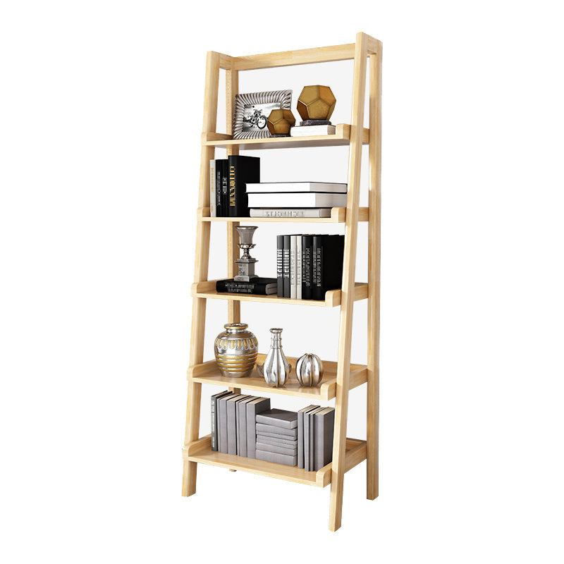Open Back Walnut Bookcase Contemporary Ladder Bookshelf with Shelves 26"L x 14.2"W x 64.2"H Natural Clearhalo 'Bookcases' 'furn' 'furn_bookcases' 'Furniture' 'Office Furniture' 6600472