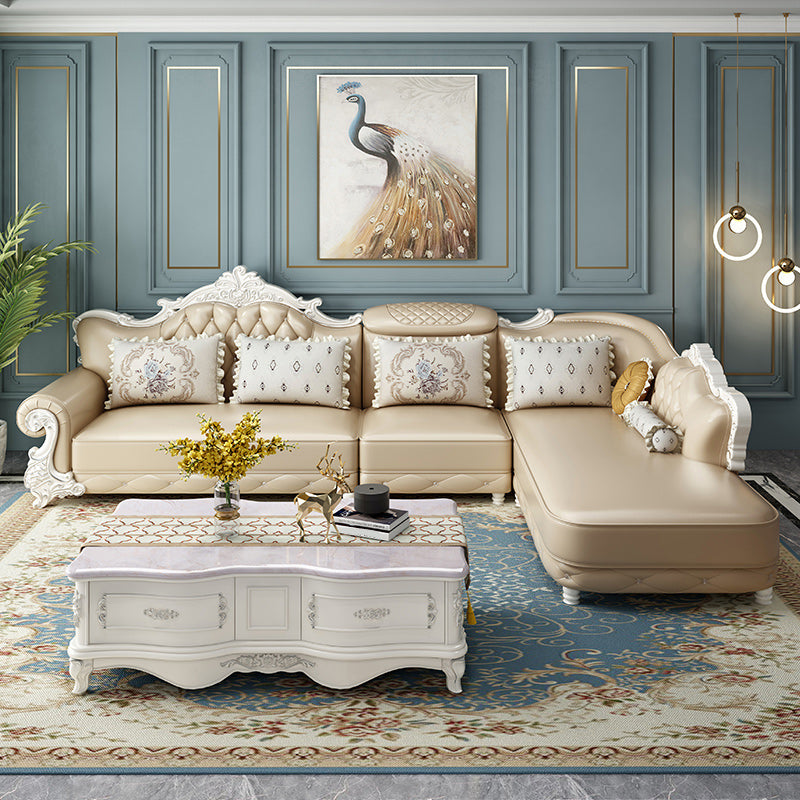 Tufted Scroll Arm Chesterfield Sofa and Chaise Genuine Leather Sofa with Pillows Clearhalo 'furn' 'furn_sectionals' 'Furniture' 'Living Room Furniture' 'Sectionals' 6606723
