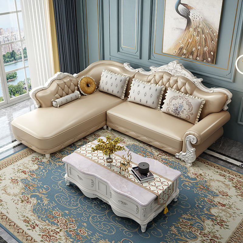 Tufted Scroll Arm Chesterfield Sofa and Chaise Genuine Leather Sofa with Pillows 142"L x 83"W x 35"H Left Clearhalo 'furn' 'furn_sectionals' 'Furniture' 'Living Room Furniture' 'Sectionals' 6606724