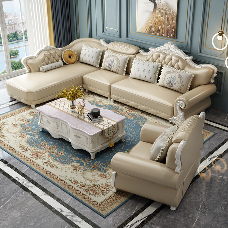 Tufted Scroll Arm Chesterfield Sofa and Chaise Genuine Leather Sofa with Pillows Clearhalo 'furn' 'furn_sectionals' 'Furniture' 'Living Room Furniture' 'Sectionals' 6606725