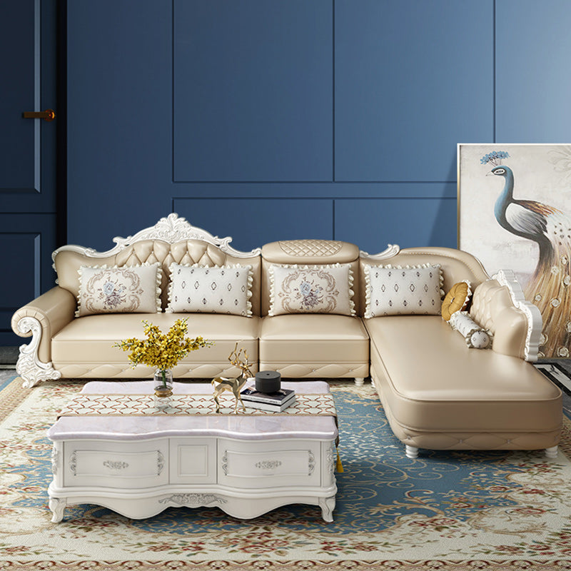 Tufted Scroll Arm Chesterfield Sofa and Chaise Genuine Leather Sofa with Pillows Clearhalo 'furn' 'furn_sectionals' 'Furniture' 'Living Room Furniture' 'Sectionals' 6606726
