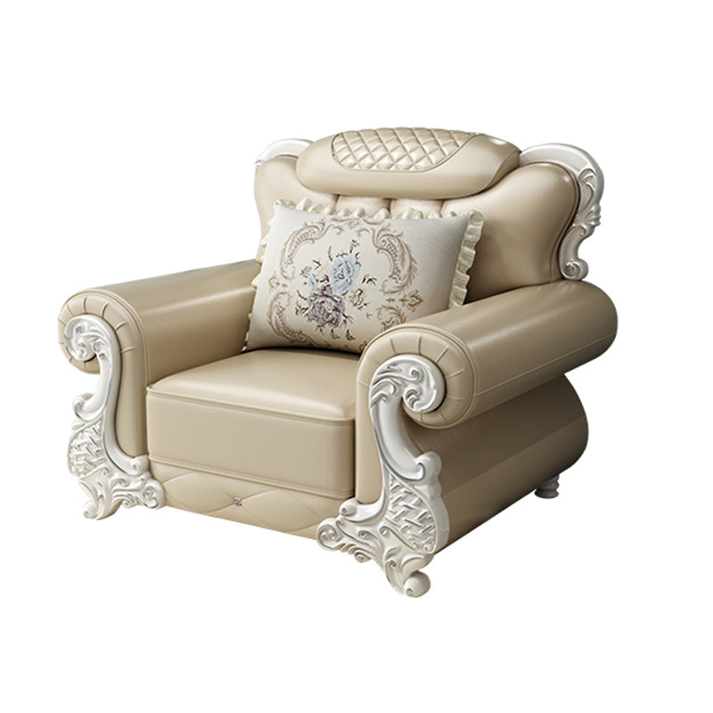 Tufted Scroll Arm Chesterfield Sofa and Chaise Genuine Leather Sofa with Pillows Clearhalo 'furn' 'furn_sectionals' 'Furniture' 'Living Room Furniture' 'Sectionals' 6606727