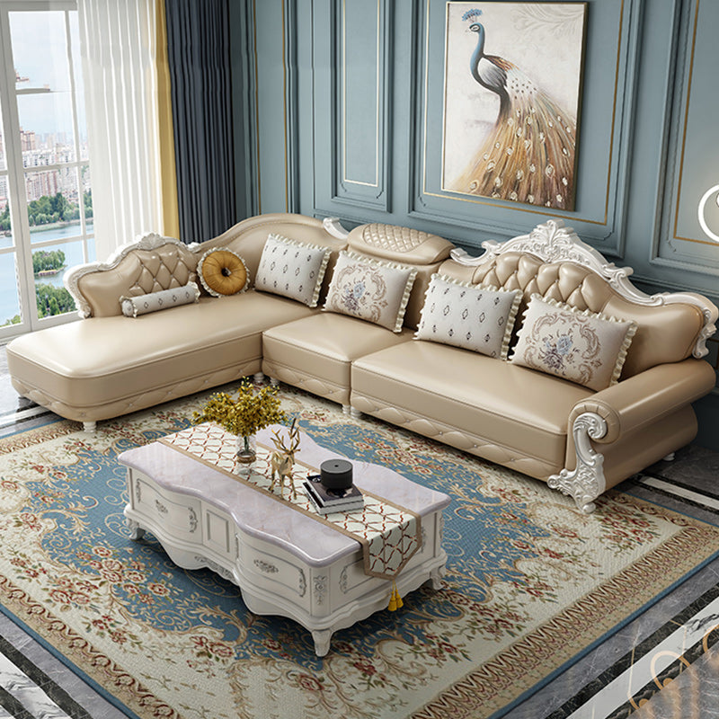 Tufted Scroll Arm Chesterfield Sofa and Chaise Genuine Leather Sofa with Pillows Clearhalo 'furn' 'furn_sectionals' 'Furniture' 'Living Room Furniture' 'Sectionals' 6606732