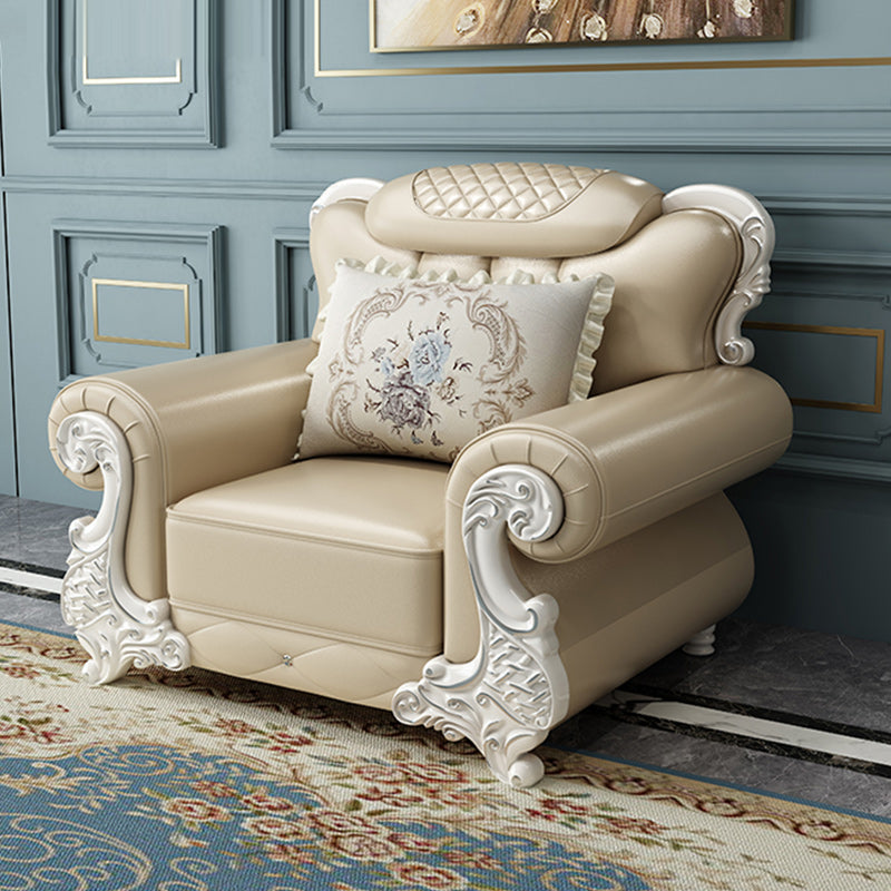 Tufted Scroll Arm Chesterfield Sofa and Chaise Genuine Leather Sofa with Pillows 138"L x 37"W x 40"H Horizontal Clearhalo 'furn' 'furn_sectionals' 'Furniture' 'Living Room Furniture' 'Sectionals' 6606735