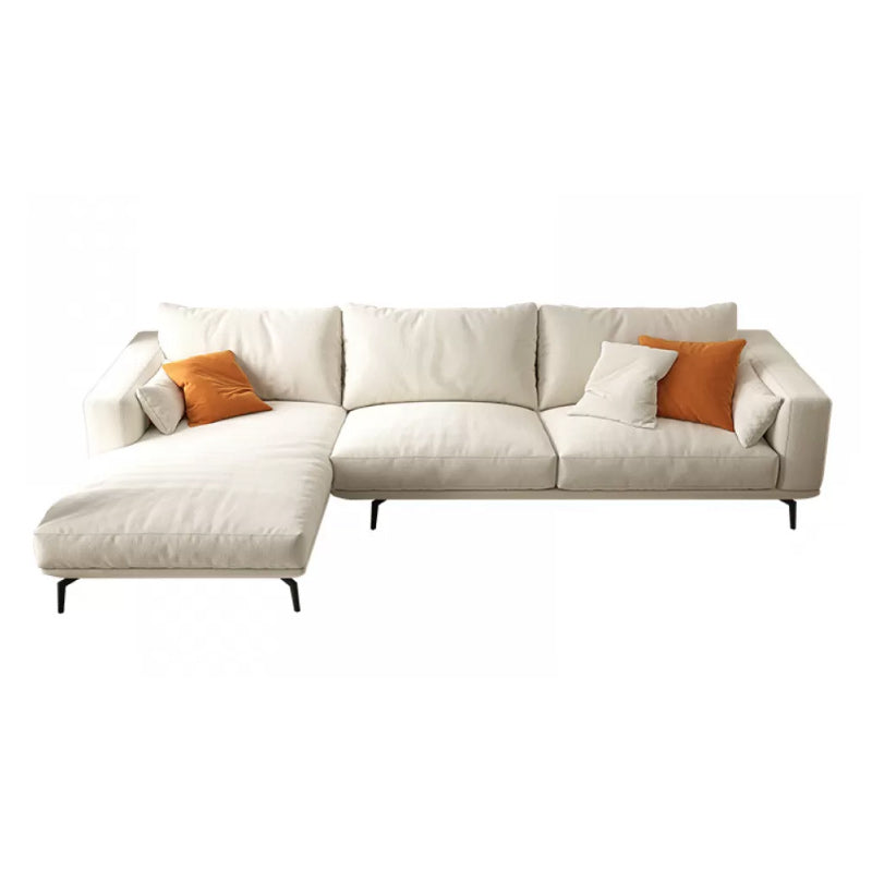Square Arm Loose Back Sofa and Chaise Slipcovered White Fabric Sofa