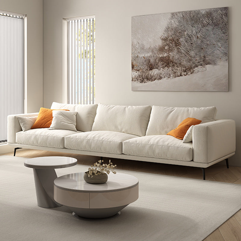 Square Arm Loose Back Sofa and Chaise Slipcovered White Fabric Sofa