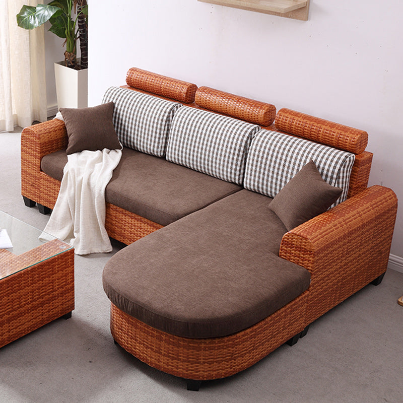 Sofá de ratán tropical de 3 plazas con chaise longue con brazos volumétricos marrones y respaldo suelto