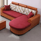 Sofá de ratán tropical de 3 plazas con chaise longue con brazos volumétricos marrones y respaldo suelto