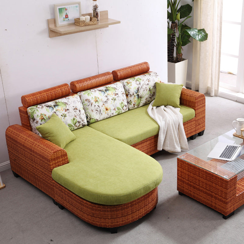 Sofá de ratán tropical de 3 plazas con chaise longue con brazos volumétricos marrones y respaldo suelto
