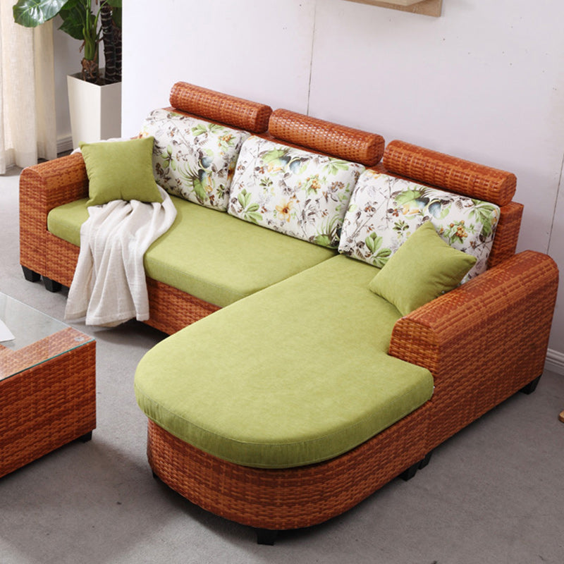 Sofá de ratán tropical de 3 plazas con chaise longue con brazos volumétricos marrones y respaldo suelto