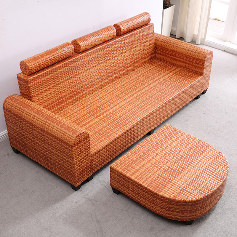 Sofá de ratán tropical de 3 plazas con chaise longue con brazos volumétricos marrones y respaldo suelto