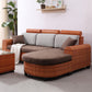 3-Seater Tropical Rattan Sofa with Chaise Brown Scroll Arm Loose Back Sofa