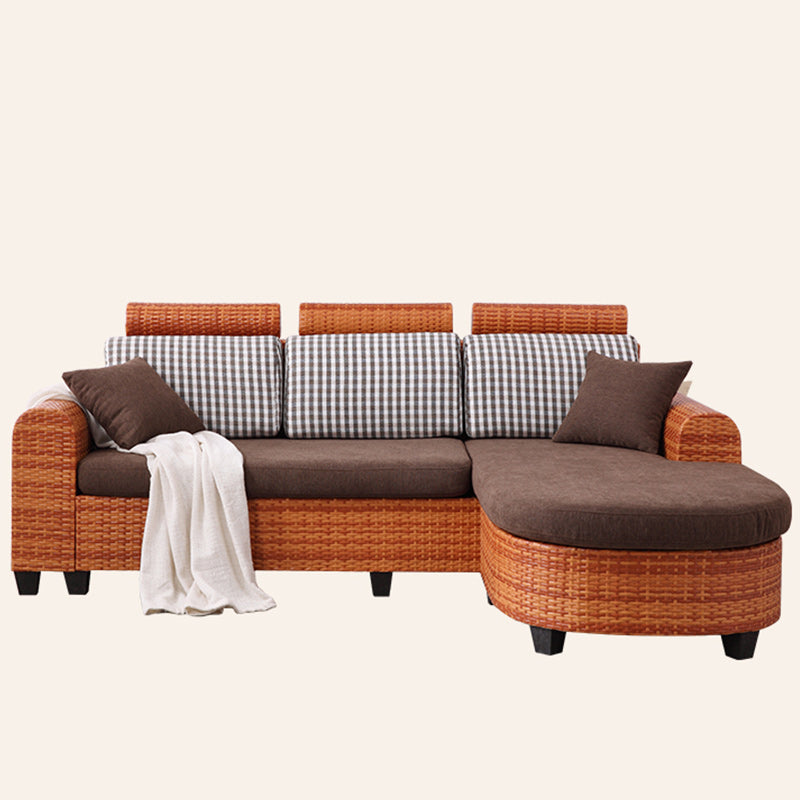 Sofá de ratán tropical de 3 plazas con chaise longue con brazos volumétricos marrones y respaldo suelto