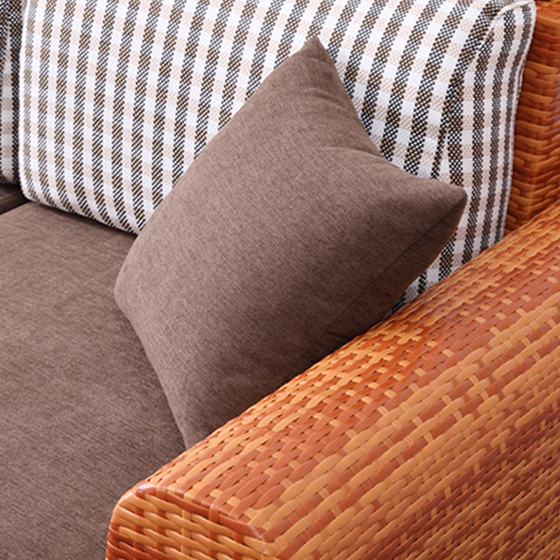 Sofá de ratán tropical de 3 plazas con chaise longue con brazos volumétricos marrones y respaldo suelto