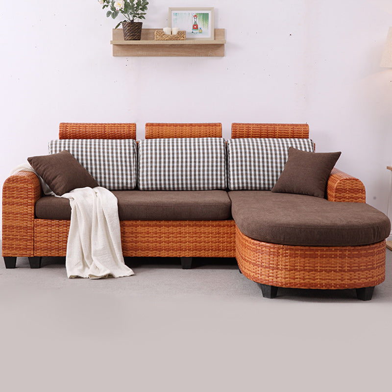Sofá de ratán tropical de 3 plazas con chaise longue con brazos volumétricos marrones y respaldo suelto