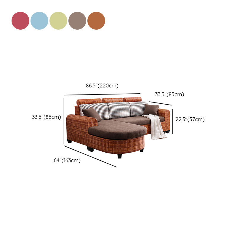 Sofá de ratán tropical de 3 plazas con chaise longue con brazos volumétricos marrones y respaldo suelto