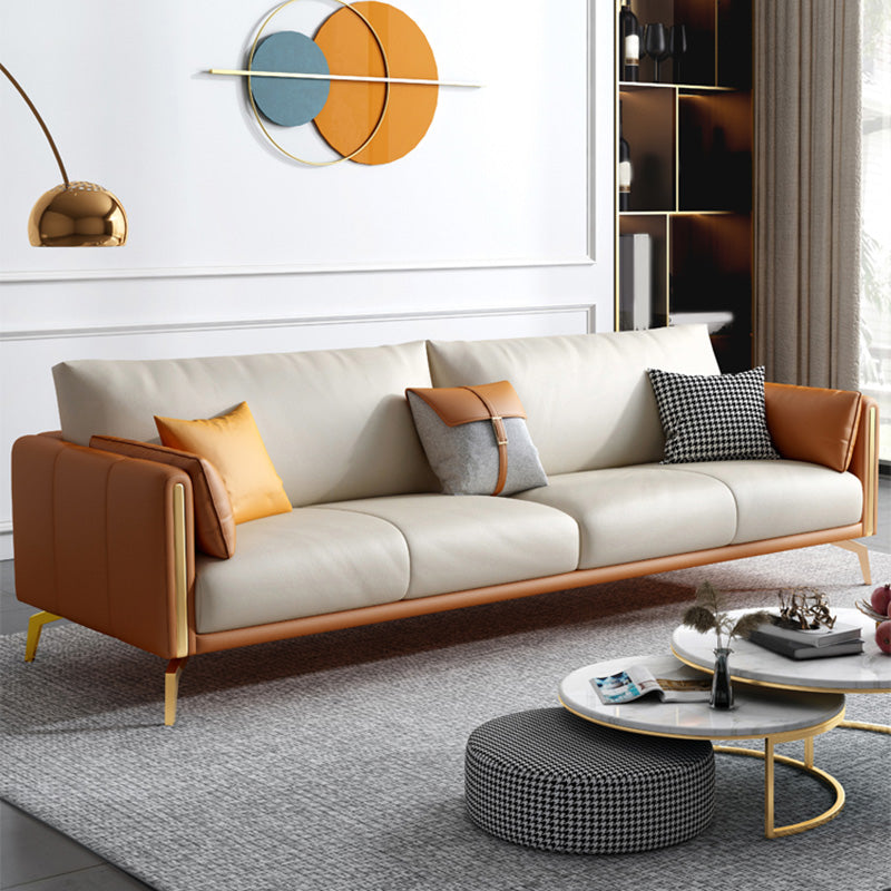 Faux Leather Square Arm Sofa with Chaise in Orange & Beige Loose Back Cushions Sofa Clearhalo 'furn' 'furn_sofas' 'Furniture' 'Living Room Furniture' 'Sofa' 'sofas' 6607226