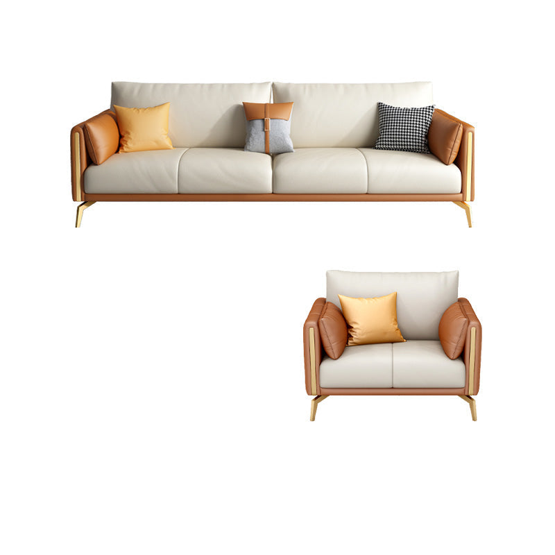 Faux Leather Square Arm Sofa with Chaise in Orange & Beige Loose Back Cushions Sofa 1-Seater Sofa with 3-Seater Sofa 83"L x 35.5"W x 37"H Clearhalo 'furn' 'furn_sofas' 'Furniture' 'Living Room Furniture' 'Sofa' 'sofas' 6607227