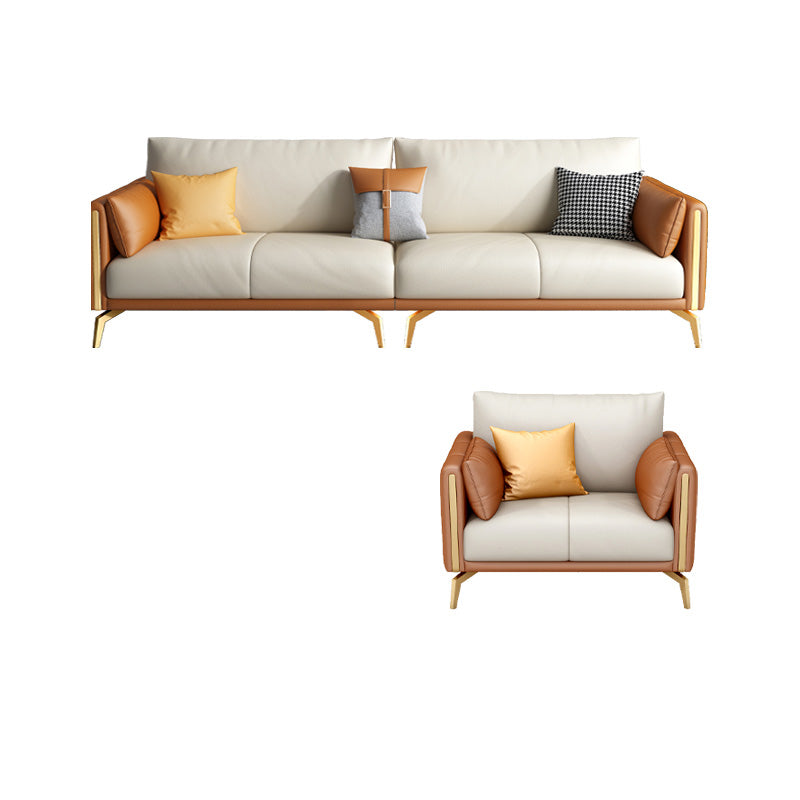 Faux Leather Square Arm Sofa with Chaise in Orange & Beige Loose Back Cushions Sofa 4-Seater Sofa with 1-Seater Sofa Clearhalo 'furn' 'furn_sofas' 'Furniture' 'Living Room Furniture' 'Sofa' 'sofas' 6607230