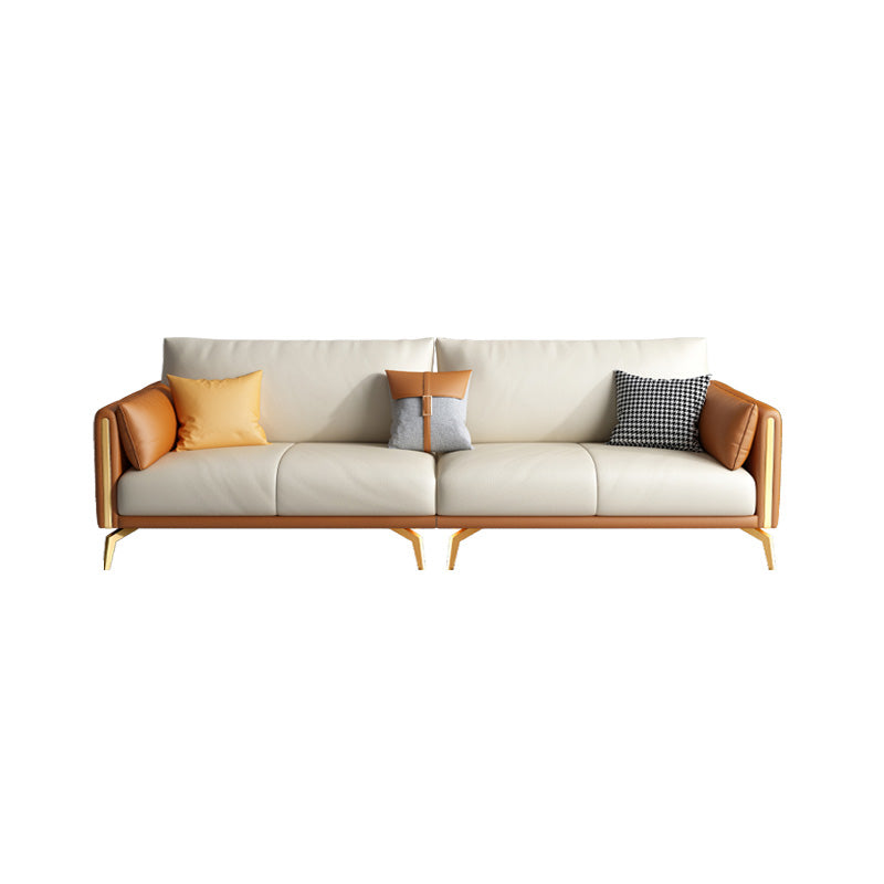 Faux Leather Square Arm Sofa with Chaise in Orange & Beige Loose Back Cushions Sofa 4-Seater Sofa Clearhalo 'furn' 'furn_sofas' 'Furniture' 'Living Room Furniture' 'Sofa' 'sofas' 6607232