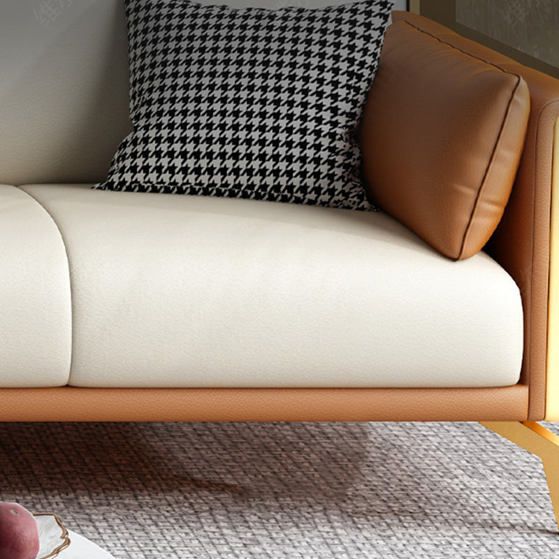 Faux Leather Square Arm Sofa with Chaise in Orange & Beige Loose Back Cushions Sofa Clearhalo 'furn' 'furn_sofas' 'Furniture' 'Living Room Furniture' 'Sofa' 'sofas' 6607238