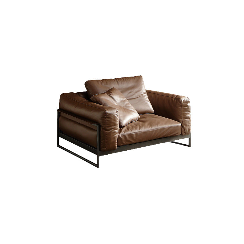 Square Arm Loose Back Sofa Mid Century Modern Genuine Leather Sofa in Brown