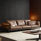 Square Arm Loose Back Sofa Mid Century Modern Genuine Leather Sofa in Brown