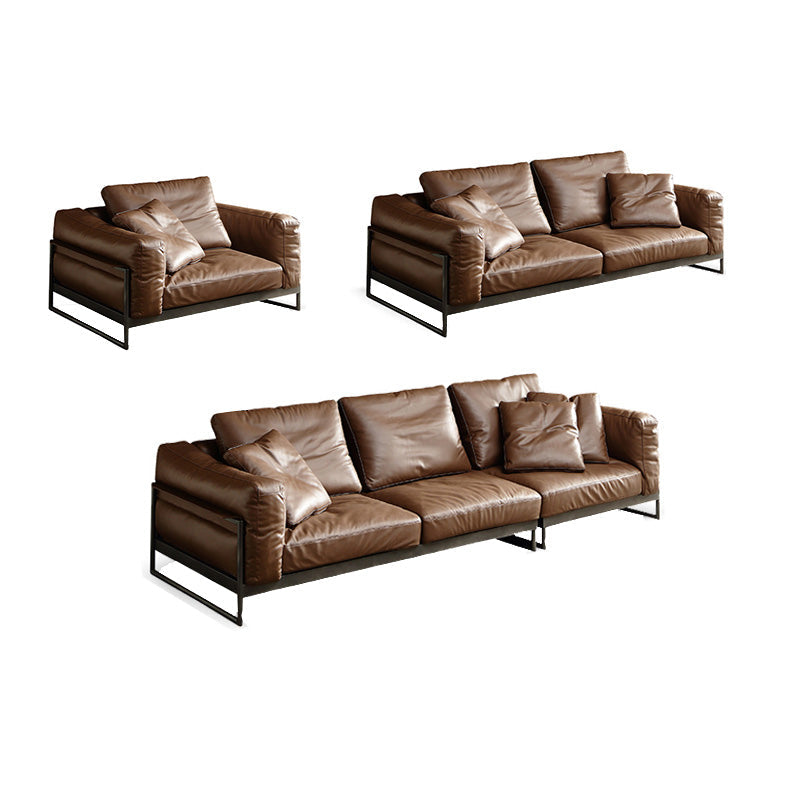 Square Arm Loose Back Sofa Mid Century Modern Genuine Leather Sofa in Brown