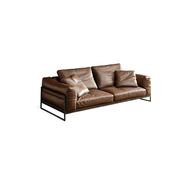Square Arm Loose Back Sofa Mid Century Modern Genuine Leather Sofa in Brown