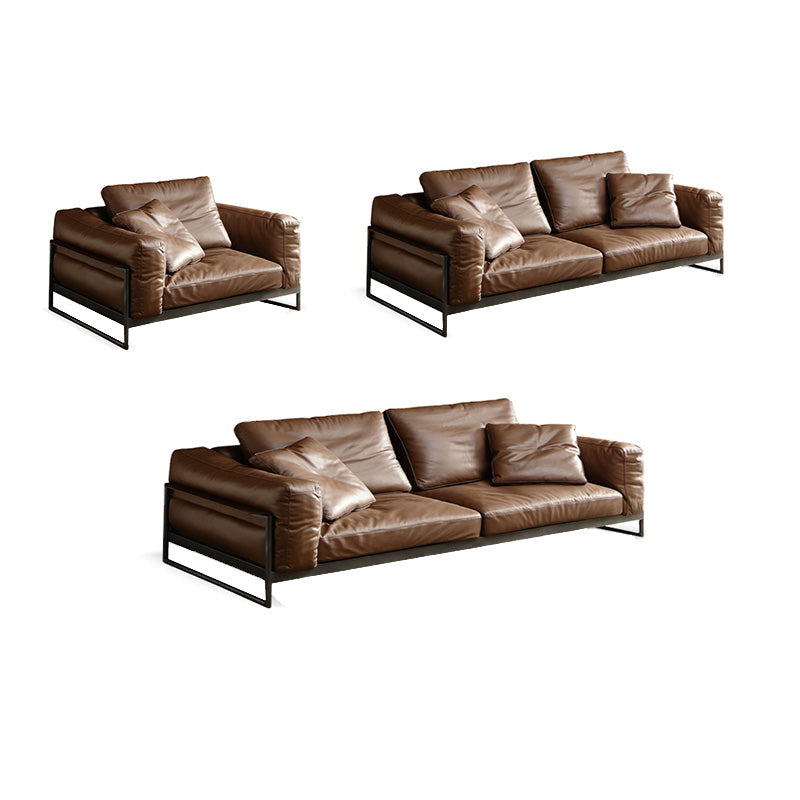 Square Arm Loose Back Sofa Mid Century Modern Genuine Leather Sofa in Brown