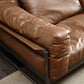 Square Arm Loose Back Sofa Mid Century Modern Genuine Leather Sofa in Brown