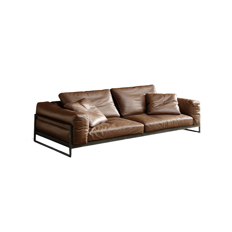 Square Arm Loose Back Sofa Mid Century Modern Genuine Leather Sofa in Brown