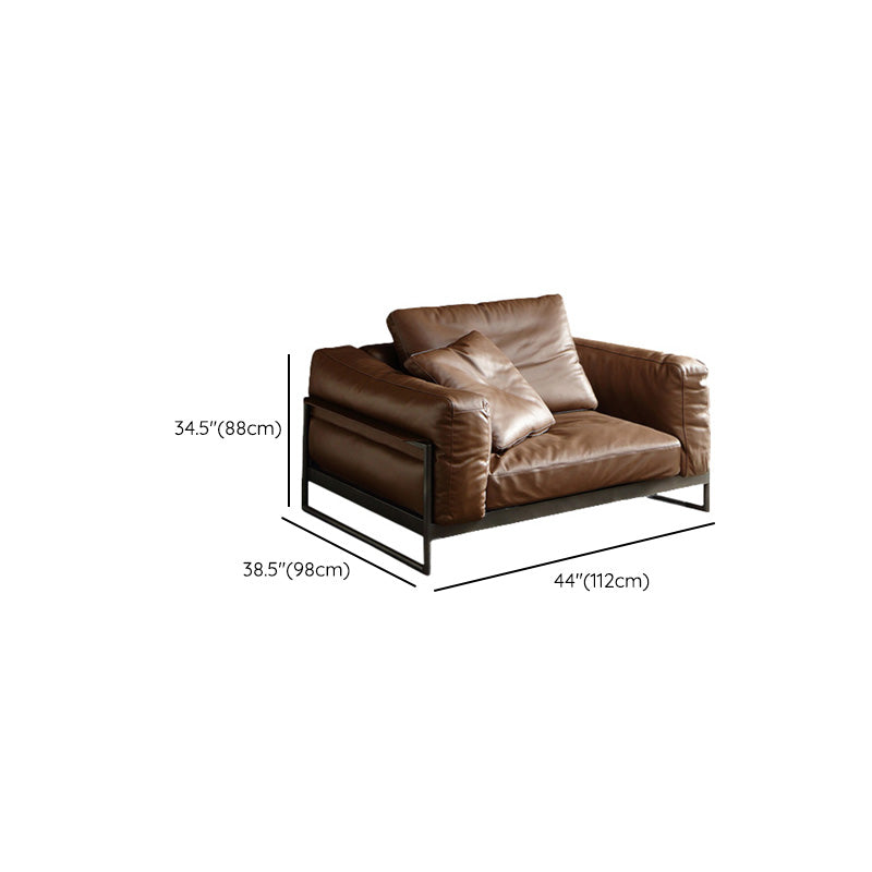 Square Arm Loose Back Sofa Mid Century Modern Genuine Leather Sofa in Brown