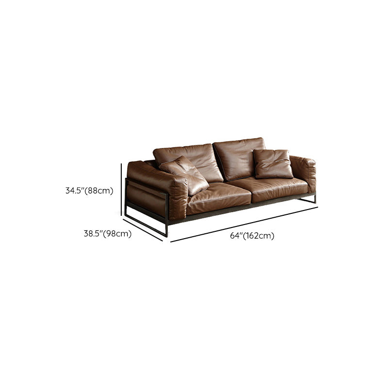 Square Arm Loose Back Sofa Mid Century Modern Genuine Leather Sofa in Brown