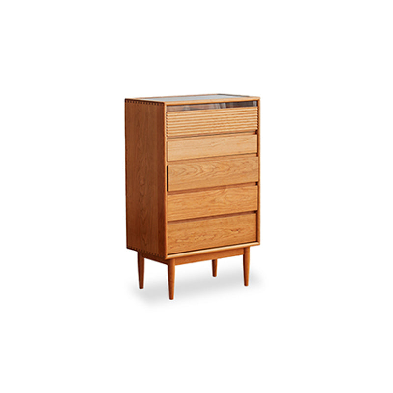 Mid-Century Modern Chest with 5 Drawers and Glass Top in Natural Clearhalo 'Cabinets & Chests' 'cabinets_chests' 'furn' 'furn_cabinets_chests' 'Furniture' 'Living Room Furniture' 6607370