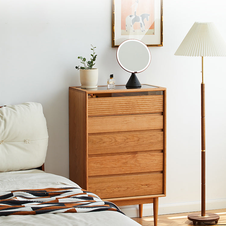 Mid-Century Modern Chest with 5 Drawers and Glass Top in Natural Clearhalo 'Cabinets & Chests' 'cabinets_chests' 'furn' 'furn_cabinets_chests' 'Furniture' 'Living Room Furniture' 6607376