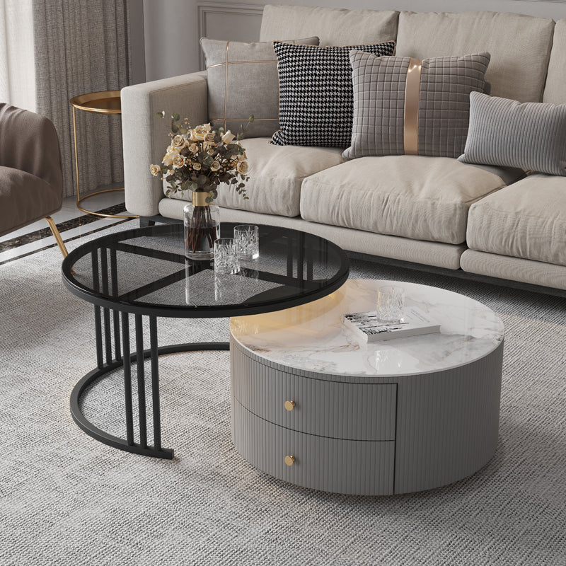 Contemporary Cocktail Table Round Glass / Slate Coffee Table with Drawers Beige Black Clearhalo 'Coffee & Accent Tables' 'Coffee Tables' 'coffee_tables' 'furn' 'furn_coffee_tables' 'Furniture' 'Living Room Furniture' 6607564