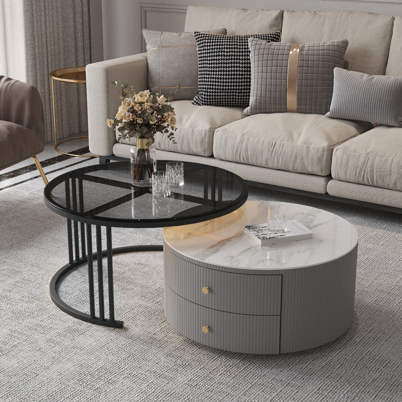 Contemporary Cocktail Table Round Glass / Slate Coffee Table with Drawers White Black Clearhalo 'Coffee & Accent Tables' 'Coffee Tables' 'coffee_tables' 'furn' 'furn_coffee_tables' 'Furniture' 'Living Room Furniture' 6607565