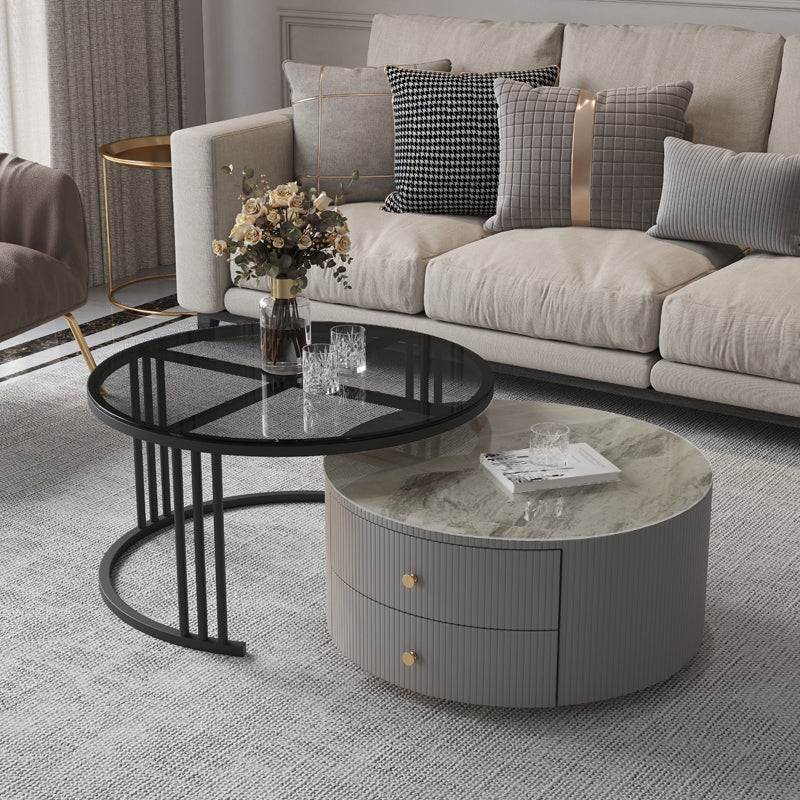 Contemporary Cocktail Table Round Glass / Slate Coffee Table with Drawers Grey Black Clearhalo 'Coffee & Accent Tables' 'Coffee Tables' 'coffee_tables' 'furn' 'furn_coffee_tables' 'Furniture' 'Living Room Furniture' 6607567