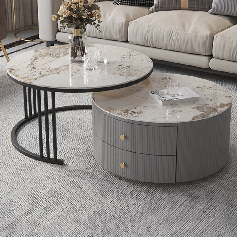 Contemporary Cocktail Table Round Glass / Slate Coffee Table with Drawers Clearhalo 'Coffee & Accent Tables' 'Coffee Tables' 'coffee_tables' 'furn' 'furn_coffee_tables' 'Furniture' 'Living Room Furniture' 6607569