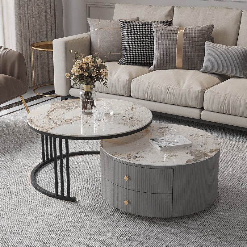 Contemporary Cocktail Table Round Glass / Slate Coffee Table with Drawers Pandora Gold Clearhalo 'Coffee & Accent Tables' 'Coffee Tables' 'coffee_tables' 'furn' 'furn_coffee_tables' 'Furniture' 'Living Room Furniture' 6607570