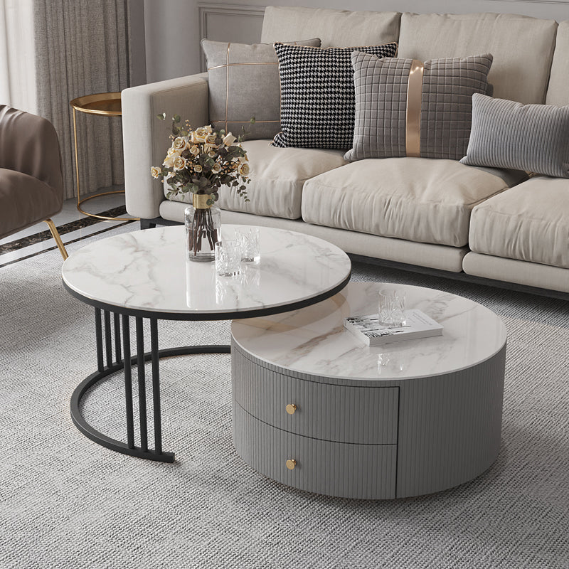 Contemporary Cocktail Table Round Glass / Slate Coffee Table with Drawers 28"L x 28"W x 17"H + 24"L x 24"W x 14"H Floralwhite Clearhalo 'Coffee & Accent Tables' 'Coffee Tables' 'coffee_tables' 'furn' 'furn_coffee_tables' 'Furniture' 'Living Room Furniture' 6607571