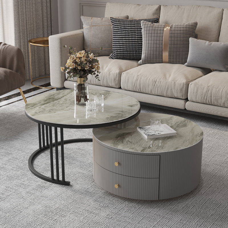Contemporary Cocktail Table Round Glass / Slate Coffee Table with Drawers Gray Clearhalo 'Coffee & Accent Tables' 'Coffee Tables' 'coffee_tables' 'furn' 'furn_coffee_tables' 'Furniture' 'Living Room Furniture' 6607574