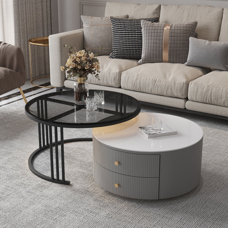 Contemporary Cocktail Table Round Glass / Slate Coffee Table with Drawers Black White Clearhalo 'Coffee & Accent Tables' 'Coffee Tables' 'coffee_tables' 'furn' 'furn_coffee_tables' 'Furniture' 'Living Room Furniture' 6607576