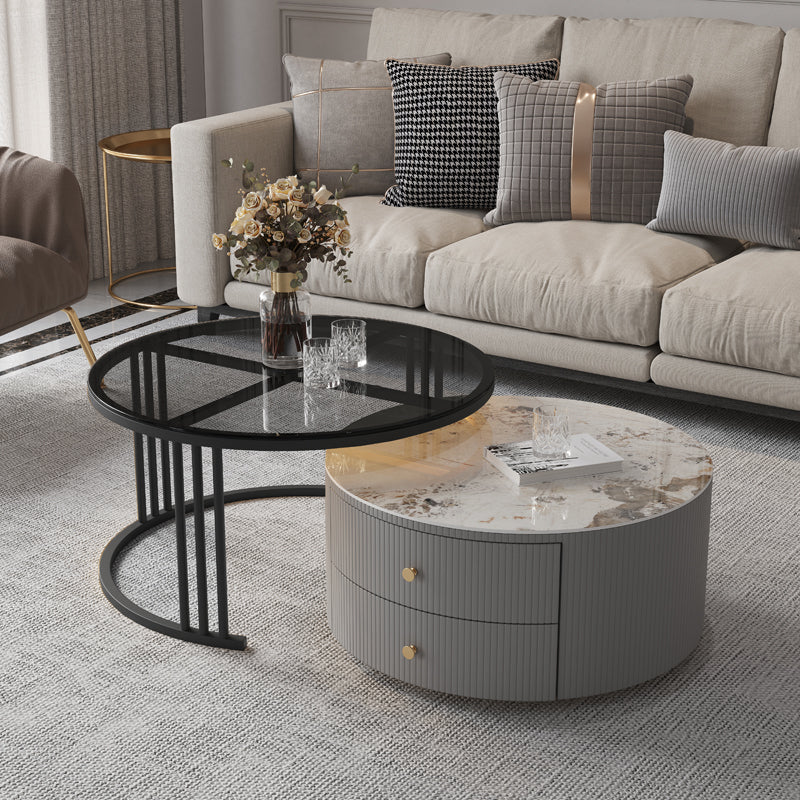Contemporary Cocktail Table Round Glass / Slate Coffee Table with Drawers Pandora Black Clearhalo 'Coffee & Accent Tables' 'Coffee Tables' 'coffee_tables' 'furn' 'furn_coffee_tables' 'Furniture' 'Living Room Furniture' 6607577