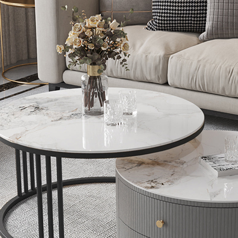 Contemporary Cocktail Table Round Glass / Slate Coffee Table with Drawers Clearhalo 'Coffee & Accent Tables' 'Coffee Tables' 'coffee_tables' 'furn' 'furn_coffee_tables' 'Furniture' 'Living Room Furniture' 6607580