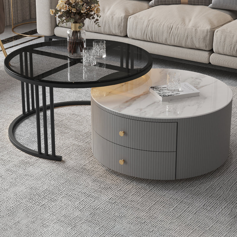 Contemporary Cocktail Table Round Glass / Slate Coffee Table with Drawers Clearhalo 'Coffee & Accent Tables' 'Coffee Tables' 'coffee_tables' 'furn' 'furn_coffee_tables' 'Furniture' 'Living Room Furniture' 6607583