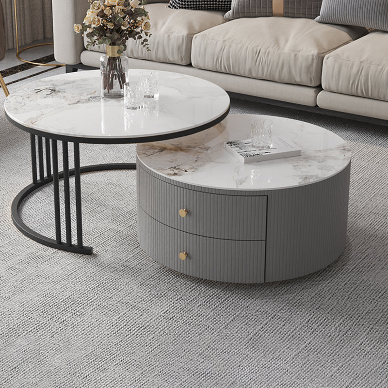 Contemporary Cocktail Table Round Glass / Slate Coffee Table with Drawers Clearhalo 'Coffee & Accent Tables' 'Coffee Tables' 'coffee_tables' 'furn' 'furn_coffee_tables' 'Furniture' 'Living Room Furniture' 6607585