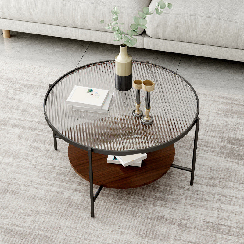 Round Glass Cross Legs Coffee Cocktail Table with Storage Shelf - 17.7" H Clearhalo 'Coffee & Accent Tables' 'Coffee Tables' 'coffee_tables' 'furn' 'furn_coffee_tables' 'Furniture' 'Living Room Furniture' 6607634