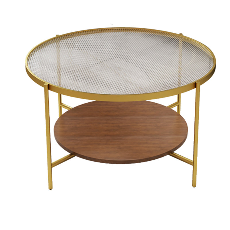 Round Glass Cross Legs Coffee Cocktail Table with Storage Shelf - 17.7" H Walnut+Gold Clearhalo 'Coffee & Accent Tables' 'Coffee Tables' 'coffee_tables' 'furn' 'furn_coffee_tables' 'Furniture' 'Living Room Furniture' 6607636